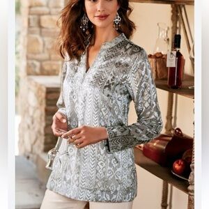 Soft Surroundings Antique Burnout Silver Embellishment Metallic Gray Blouse